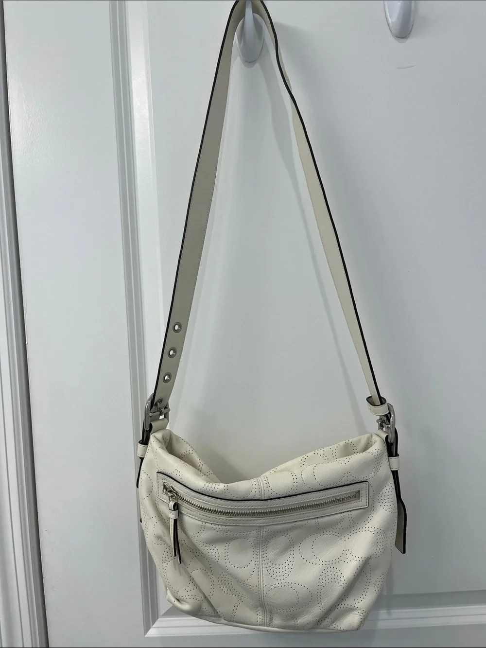 Coach Off White Perforated Signature Leather Shoulder Bag Pink Lining